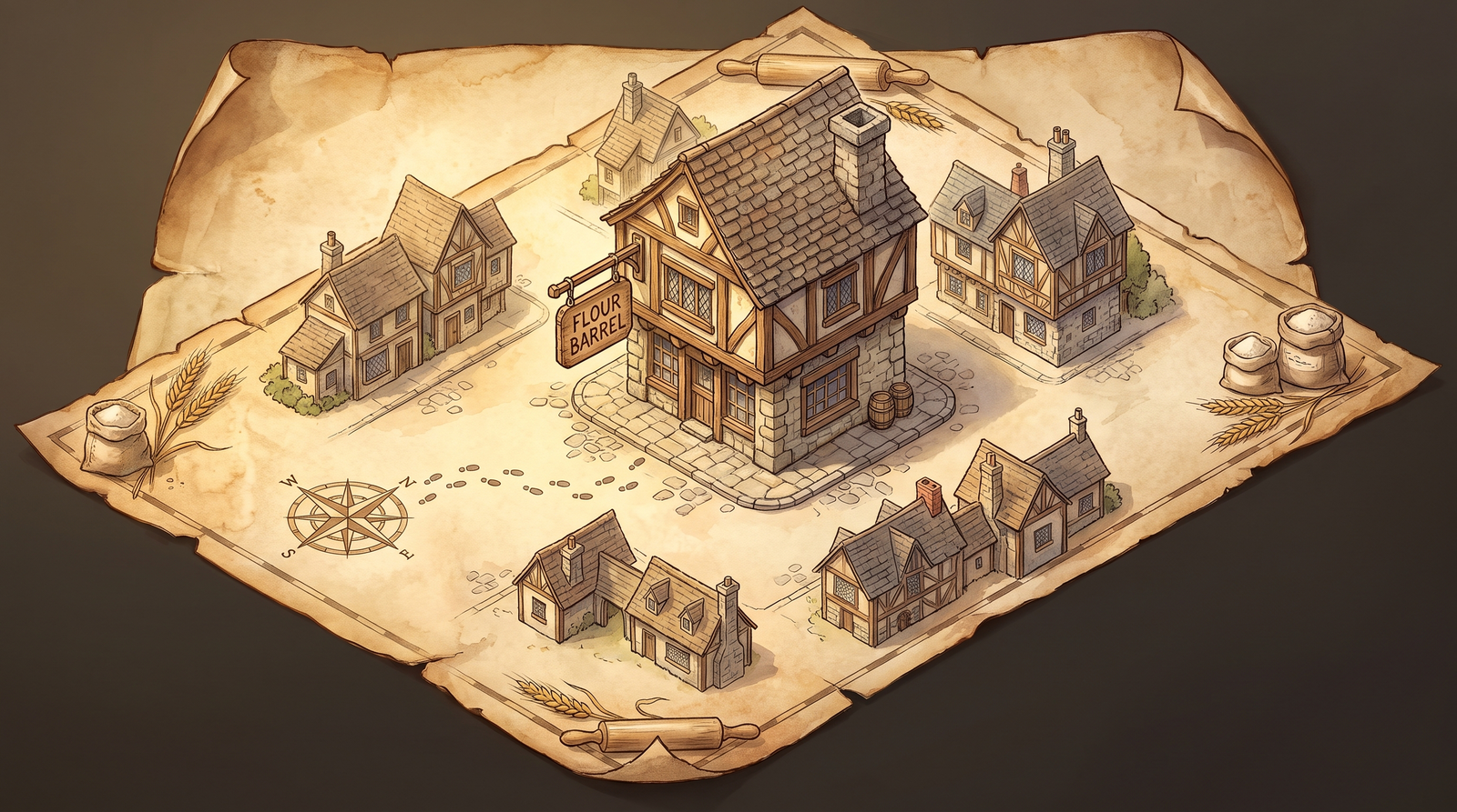 Illustrated 3D map of downtown Guelph showing the Flour Barrel shop